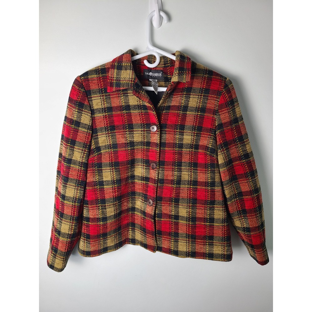 VTG Sag Harbor 14P Red Plaid Blazer Jacket Tartan 90s Dark Academia Preppy Retro